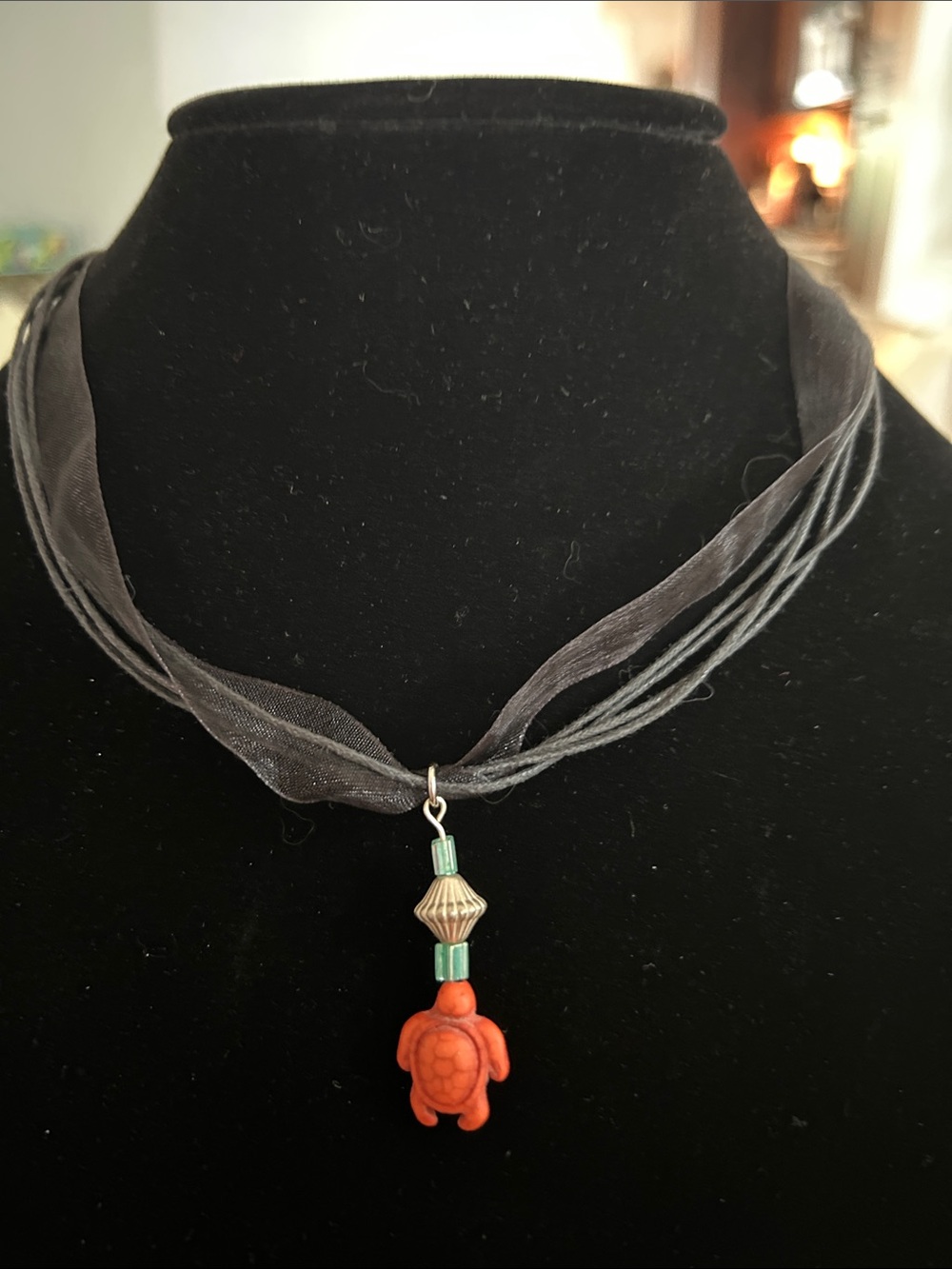 Handmade Orange Turtle Pendant Necklace with Black Organza Cord